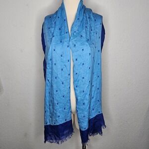 Blue Cashmere Modal Scarf Lightweight Soft Fringe Wrap Minimalist Boho